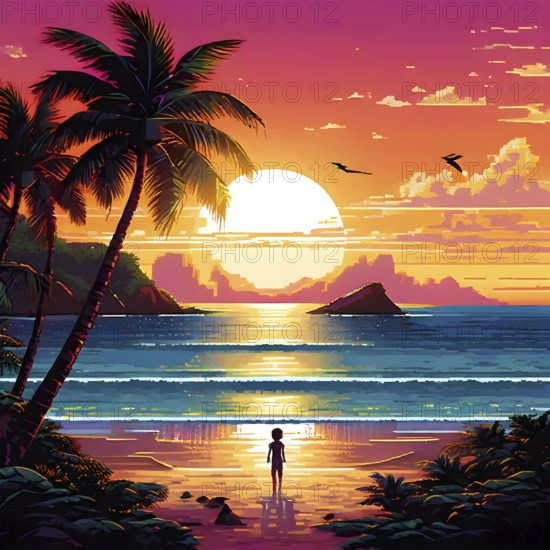 Pixel art illustration of a tropical island paradise with palm trees and sandy beach, AI generated