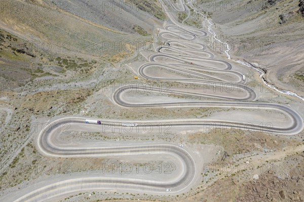 Mountain pass Los Caracoles, The Snails, road connecting Chile and Argentina, aerial view, Chile,