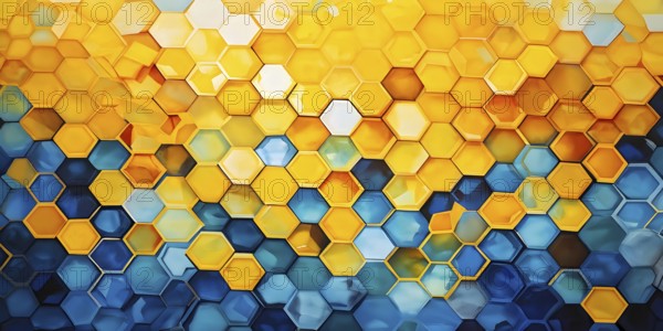 Abstract composition of interlocking blue and yellow hexagons, AI generated