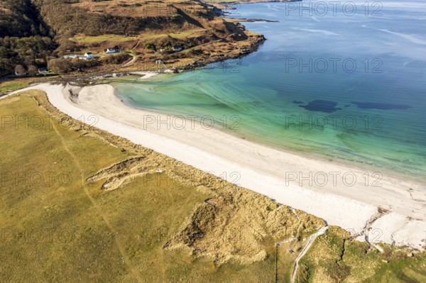 Aerial view of Calgary beach, a sandy beach on the west coast of Isle of Mull, Scotland, UK