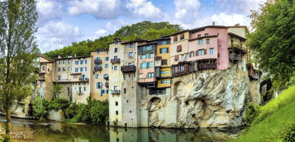Pont en Royans. Houses hanging above river La Bourne. Isère. Auvergne-Rhone-Alpes. Vercors regional