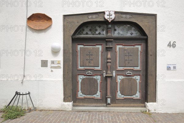 Portal of the Heilig-Geist-Spital-Kapelle built in 1541, wooden door, church door, Radolfzell,