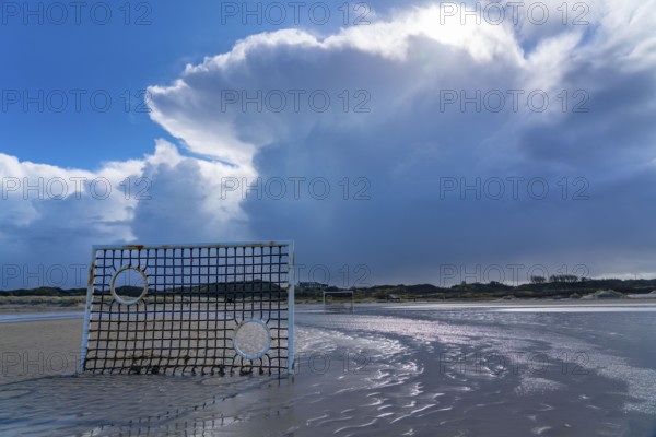 Football pitch, football field, Tor tor, on the beach, tidal creek, in the west of Borkum, island,