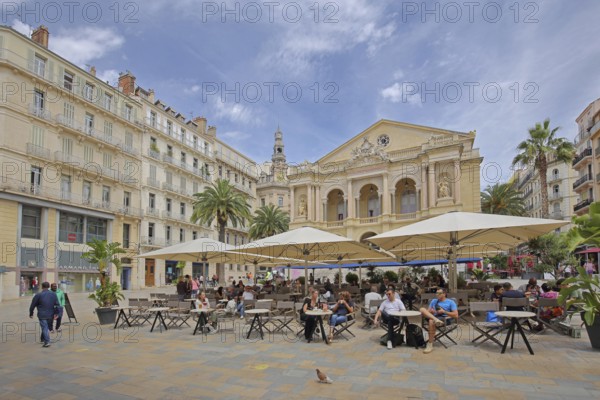 Street pub with guests, people and opera, theatre, houses, Place Victor Hugo, Toulon, Var,