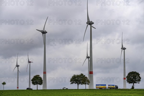Wind farm east of Paderborn, on the B64 federal highway, North Rhine-Westphalia, Germany, Europe