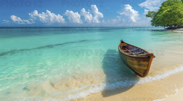 Wooden canoe at the scenic beach in Asian resort island near popular tourist destination hotel, AI
