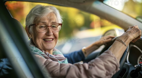 A happy senior woman in glasses is driving a car and smiling, AI generated