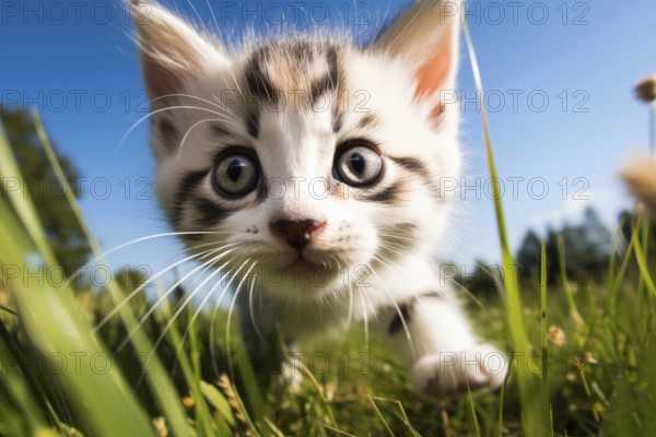 Playful Cute Kitten outdoors in Sunlit Grass. Kitten excitement and wonder as it explores the