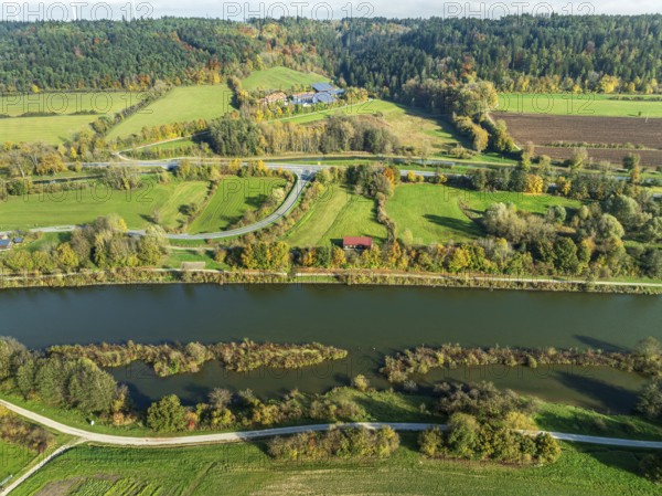 Aerial view of Main-Donau Kanal, near village Plankstetten, fields and meadows, Berching, Bavaria,