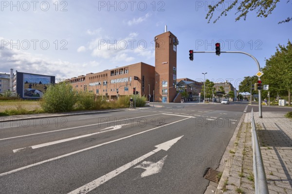 NordseePassage shopping centre, blue sky with cumulus clouds, traffic lights at the intersection of