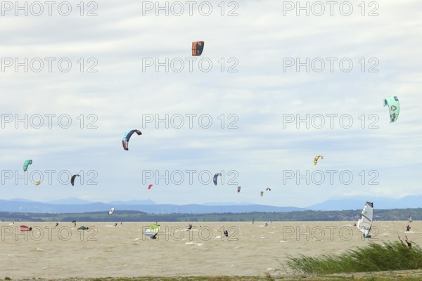 Kitesurfer on the beach of Lake Neusiedl, Podersdorf, Lake Neusiedl National Park, Burgenland,