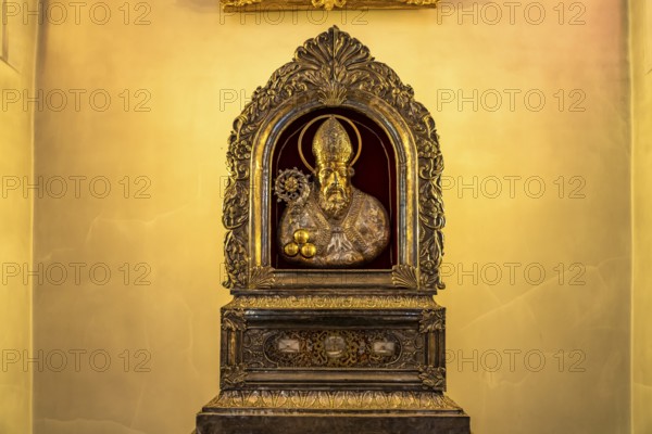 Silver bust reliquary of St Nicholas in the interior of the parish church of St Nicholas in