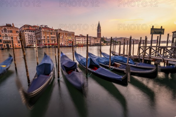 Venetian gondolas, boat dock at the customs office on the Grand Canal, Gondola Traghetto Dogana,