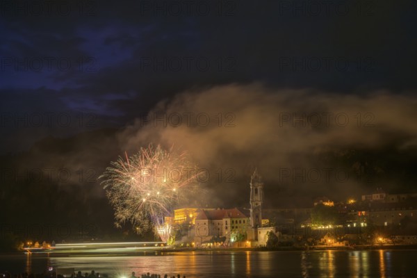 Solstice fireworks with a view of Dürnstein, Rossatz-Arnsdorf, Lower Austria, Austria, Europe