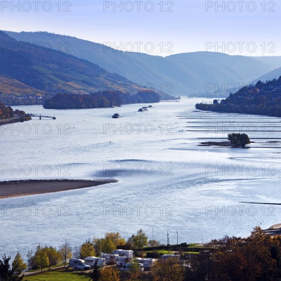 Elevated view of the wide Rhine in Bacharach, UNESCO World Heritage Upper Middle Rhine Valley,