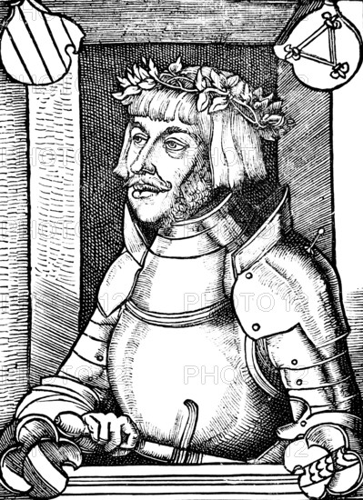 Portrait of Ulrich von Hutten (1488-1523) with ancestral coat of arms and knight's armour, after a