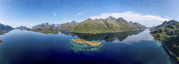 Panoramic aerial view over fjord Raftsund, the waterway between Lofoten and Vesteralen island,