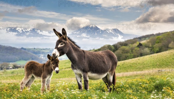 Two donkeys, dam and foal, in a flowering meadow with snow-covered mountains in the background