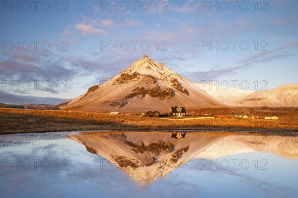 Mountain reflected in a small lake, Arnarstapi, Snäfellsnes Peninsula, Snæfellsnes, West Iceland,