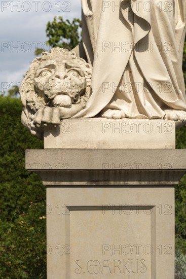 Mittelzell, Reichenau Island, Lake Constance, statue of St Mark, inscription, Lion of St Mark,