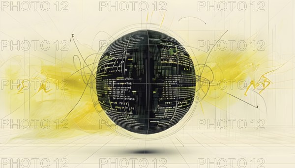Illustration of an abstract, rotating digital sphere with patterns resembling AI algorithms,