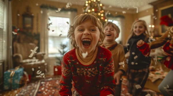 Happy children laughing together on christmas morning amongst the confetti and wrapping paper they