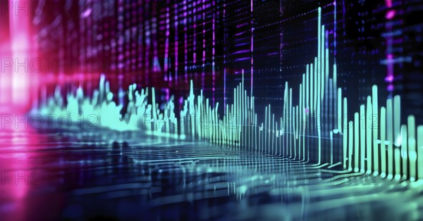 Glowing digital wave forms fluctuating in sync with a pulsating grid background, representing the