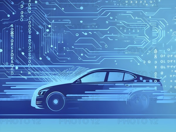 Sport car silhouette with vibrant blue dynamic lines showing motion, surrounded by data streams, AI