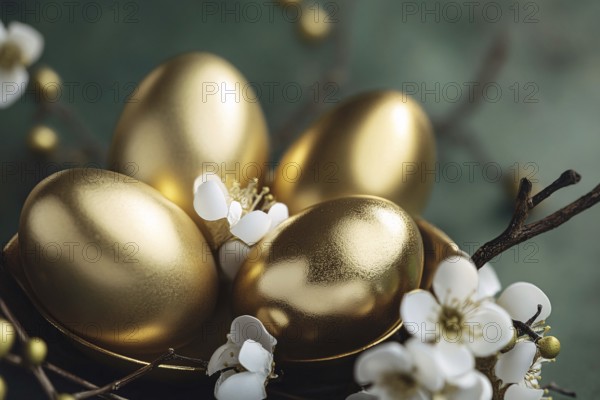 Golden painted Easter eggs with small white spring flowers. Generative AI, AI generated