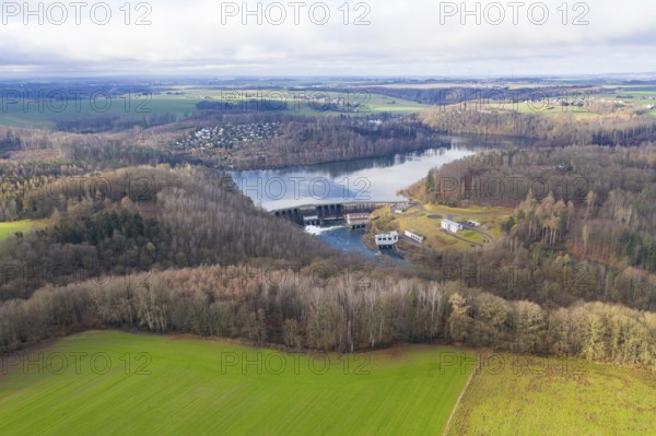 Kriebstein Dam with dam wall and hydroelectric power plant power station, Zschopau Valley, Saxony,