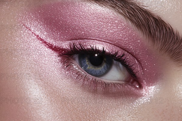 Close up of woman's blue eye with romantic pink makeup with glitter. Generative AI, AI generated