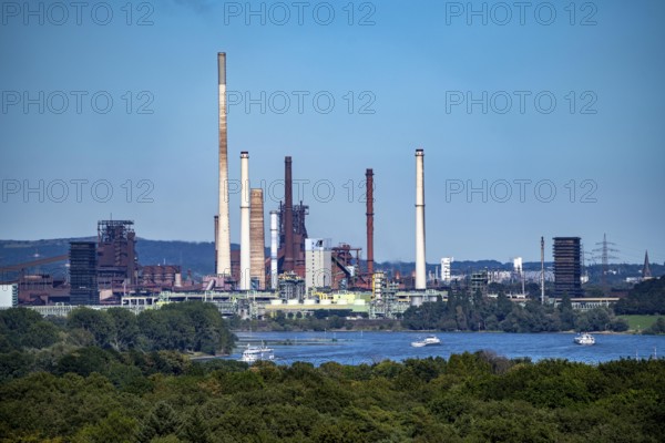 View across the Rhine to the Thyssenkrupp Steel steelworks in Duisburg-Beeckerwerth, blast