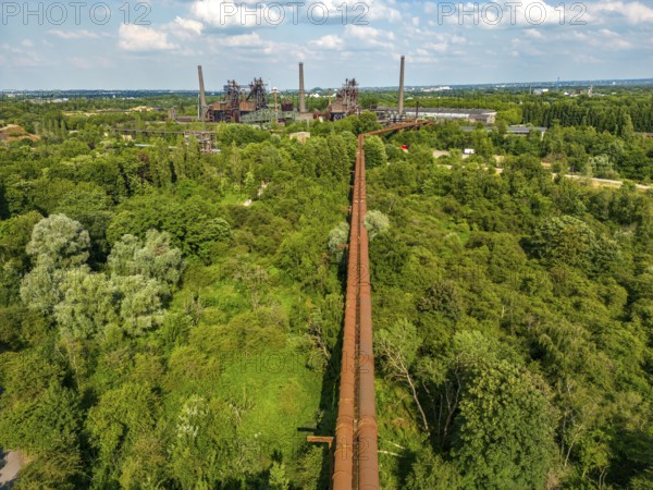 The Duisburg Nord Landscape Park, double blast furnace gas pipeline from the west View across the