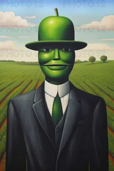 Surrealist representation of a man with green top hat in the form of an apple, AI generated