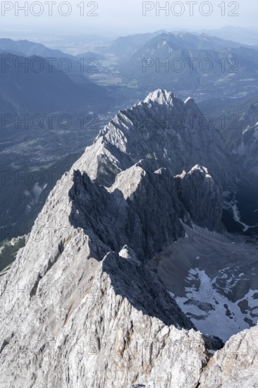 Steep rocky ridge, Waxensteinkamm, with summit Waxenstein, view from the summit of the Zugspitze,