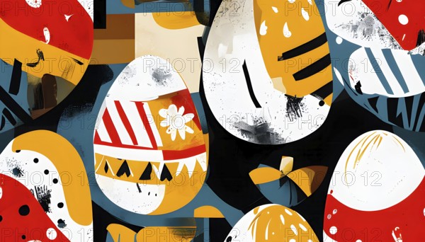 Illustration of an abstract Easter egg design with geometric patterns, bold colors, and a mix of