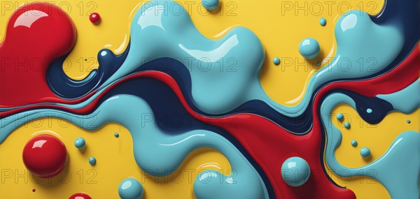 Abstract image with vibrant blue and red blobs and liquid shapes on a yellow background, AI