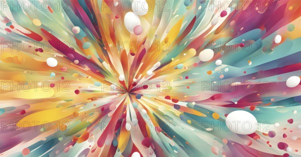 An energetic, abstract explosion of spring colors with egg and flower motifs subtly integrated,