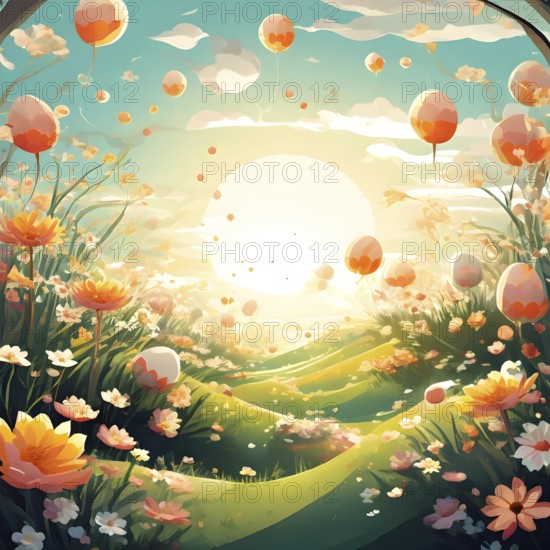 Surreal Easter scene with floating eggs, ribbons, and flowers in a dreamlike, whimsical composition