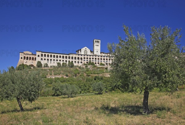 Basilica of San Francesco and monastery seen from the valley, Assisi, Umbria, Italy, Europe