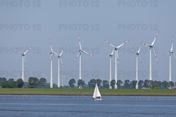 Wind farm near Brunsbüttel, Elbe, Sailing boat, Schleswig-Holstein, Germany, Europe