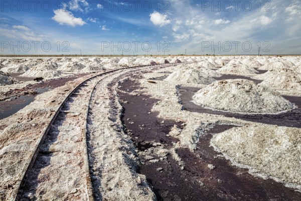 Ssalt mine with rails at Sambhar Lake, Sambhar, Rajasthan, India, Asia