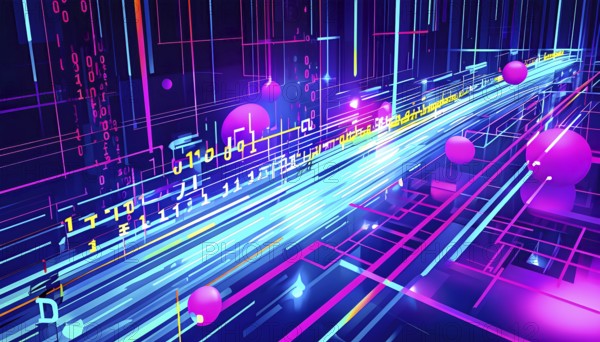 Abstract data stream flowing like liquid light, with sharp lines of code and binary numbers