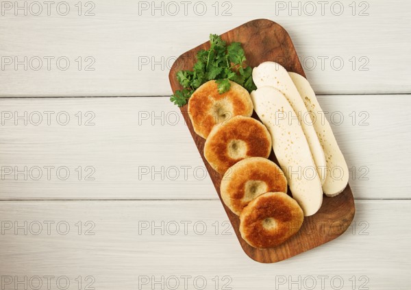 Mchadi, corn tortillas, traditional Georgian dish, corn bread, with Imeretian cheese, homemade, no