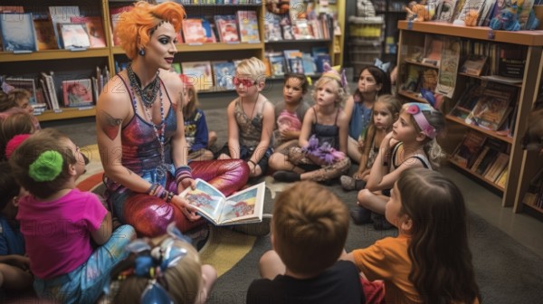 Drag queen reading A book to several young children in a bookstore, AI generated
