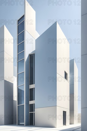Minimalist architectural composition of modern buildings, with clean angles, rendered in geometric