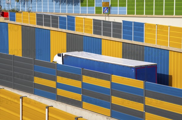Colourful noise barriers on the A52 motorway, at the Essen-Rüttenscheid junction, the noise