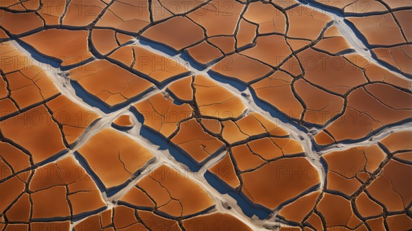 Aerial perspective of a salt and clay pan revealing the intricate patterns of its broken surface,
