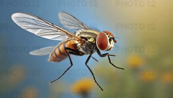 Icon, animal, insect, close-up of a housefly in flight, AI, generated, AI generated
