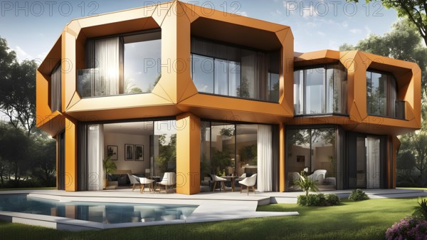 Modern residential house inspired by honeycomb hexagonal patterns, AI generated